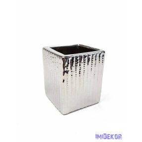 Kötött mintás kocka kerámia kaspó - Metál Ezüst