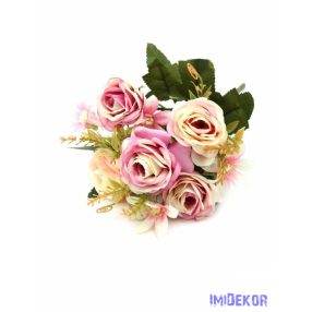   Rózsa selyem csokor díszítőkkel 28 cm - Krém-Rózsaszín Mix