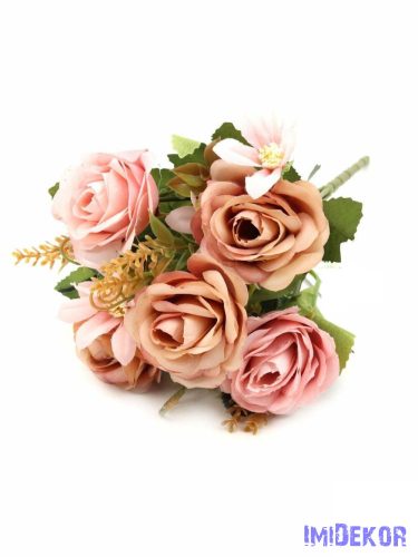 Rózsa selyem csokor díszítőkkel 28 cm - Antik Barackos Mix