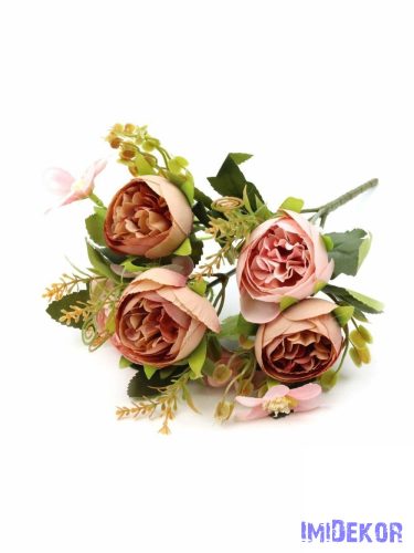 Ranunculus selyem csokor díszítőkkel 28cm - Barack-Rózsaszín