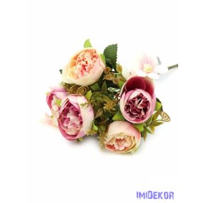   Ranunculus selyem csokor díszítőkkel 28cm - Krém-Rózsaszín