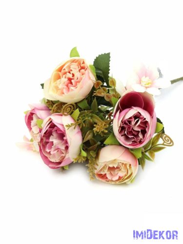 Ranunculus selyem csokor díszítőkkel 28cm - Krém-Rózsaszín