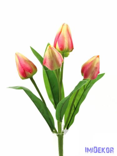 Tulipán 5 fejes selyem csokor 30 cm - Krém-Rózsaszín