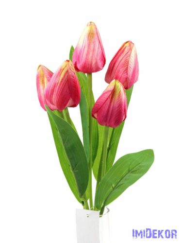 Tulipán 5 fejes selyem csokor 30 cm - Rózsaszín Cirmos