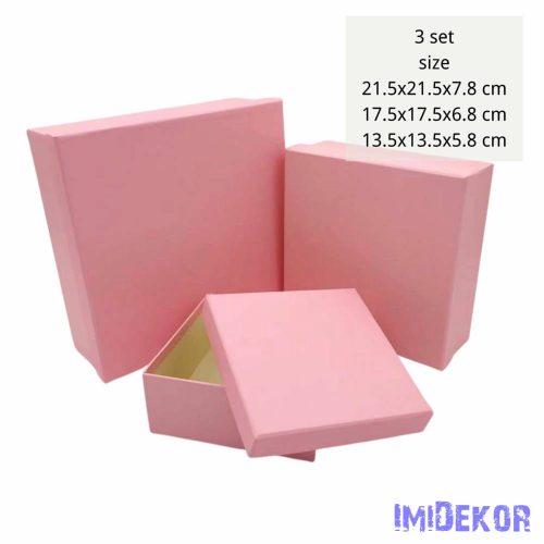 Papírdoboz 3db/szett kocka 21,5-17,5-13,5cm - Rózsaszín