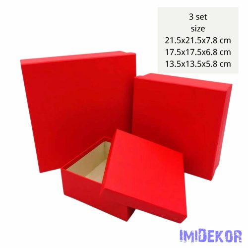 Papírdoboz 3db/szett kocka 21,5-17,5-13,5cm - Piros