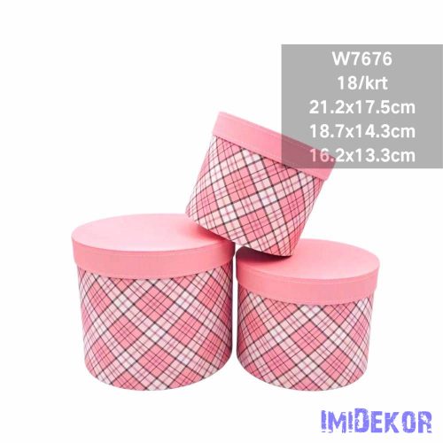 Papírdoboz 3db/szett kerek D21,2-18,7-16,2cm - Kockás Rózsaszín