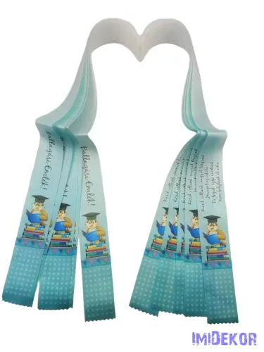 Ballagási szalag 4 cm óvodás - Türkiz kalapos bagoly könyvvel