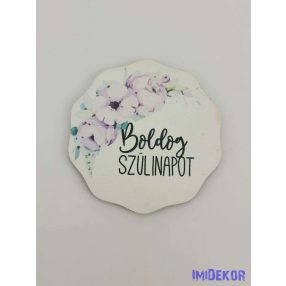Szülinapos lila virágos tábla 6,5 cm kerek csipke