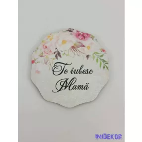 Te iubesc Mama felső peóniás tábla 6,5 cm kerek csipke