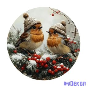   Nyomtatott fa tábla koszorú közép - Sapkás madarak 11,8cm