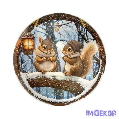 Nyomtatott fa tábla koszorú közép - Két mókus 11,8cm