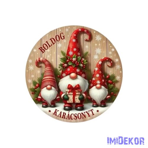 Nyomtatott fa tábla koszorú közép - Piros Manók 11,8cm