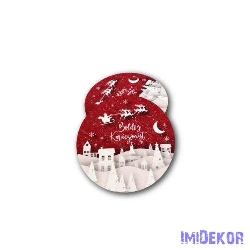 Kerek karácsonyi 7cm 5db/csomag - Piros alapon fehér város