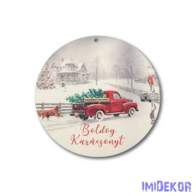 Kerek karácsonyi 9,5cm - Piros autós kutyával