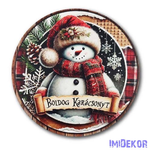 Karácsonyi kör tábla 13cm - Hóember - Boldog Karácsonyt