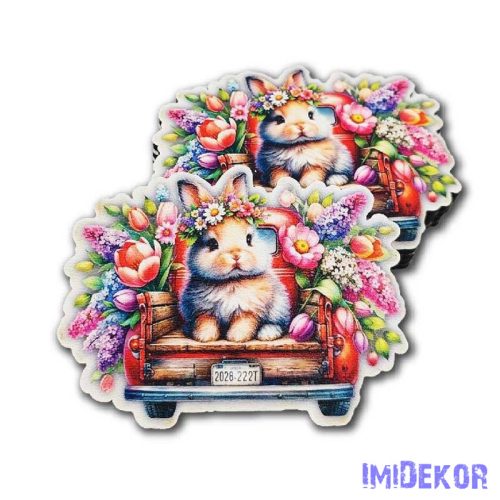 Nyuszi figura virágkoszorúval piros autón M7cm 5db/csomag
