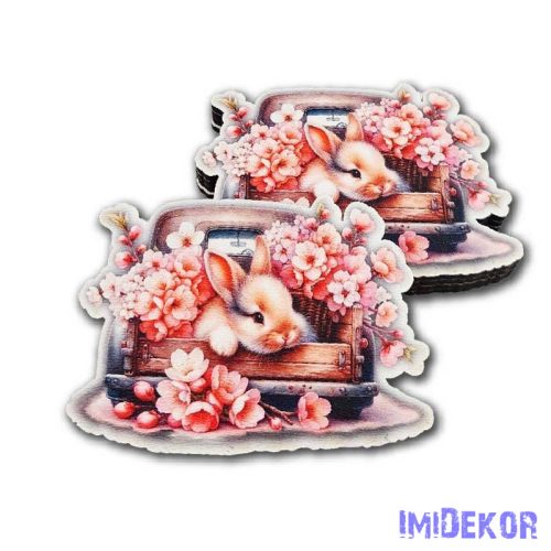 Nyuszi figura rózsaszín virágokkal autón  M7cm 5db/csomag