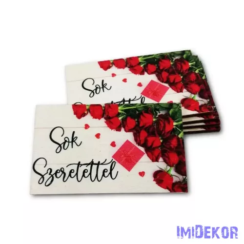 Sok szeretettel - rózsás téglalap fa tábla 5x8cm 5db/csomag