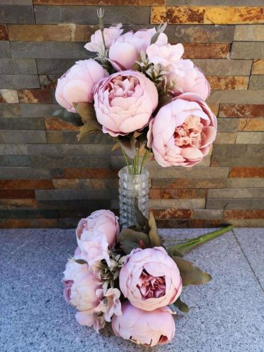 Peónia 7 ágú selyemvirág csokor 39 cm - Halvány Rózsaszín
