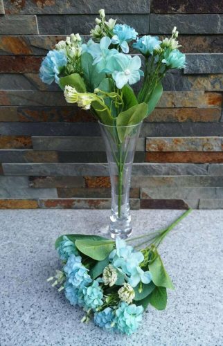 Vegyes hortenzia dália 5 ágú selyemvirág csokor díszítőkkel 30 cm - Halvány Kék