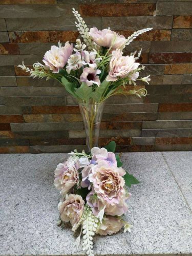 Fodros kis virágos díszítős 7 ágú selyemvirág csokor 28 cm - Világos Lila