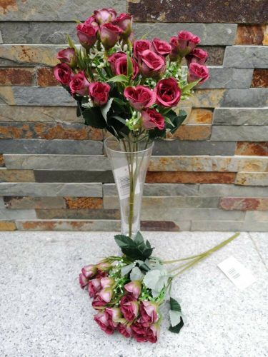 Apró nyíló rózsa bimbós 25 fejes selyemvirág csokor 32 cm - Sötét Magenta