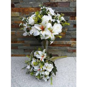   Rózsa + Liliom 12 fejes vegyes selyemvirág csokor 35 cm - Krém