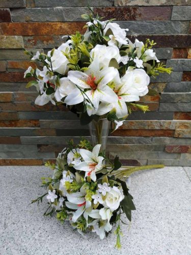 Rózsa + Liliom 12 fejes vegyes selyemvirág csokor 35 cm - Krém