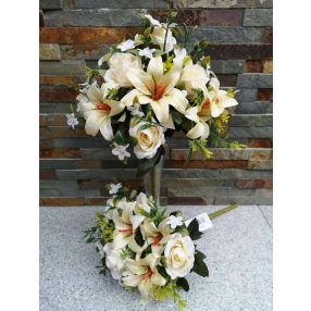   Rózsa + Liliom 12 fejes vegyes selyemvirág csokor 35 cm - Vanília