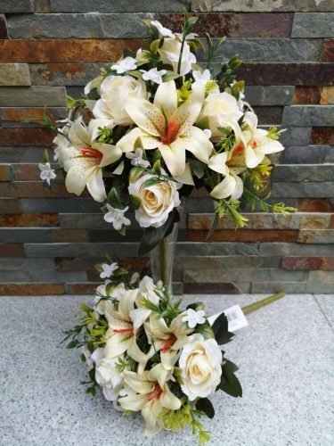 Rózsa + Liliom 12 fejes vegyes selyemvirág csokor 35 cm - Vanília