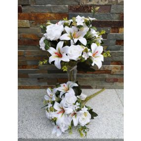   Rózsa + Liliom 12 fejes vegyes selyemvirág csokor 35 cm - Hófehér