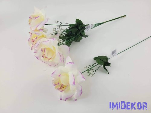 Nagyfejű szálas selyem rózsa 51 cm - Fehér-Lila Cirmos