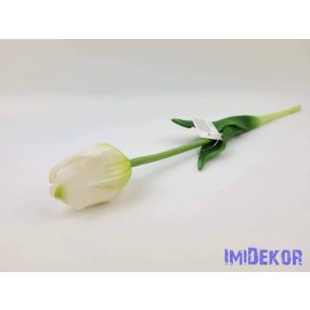   Tulipán gumi szálas élethű szár + levél 45 cm - Zöldes Fehér