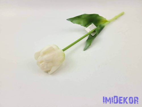 Tulipán kerek gumi szálas élethű szár + levél 39 cm - Fehér