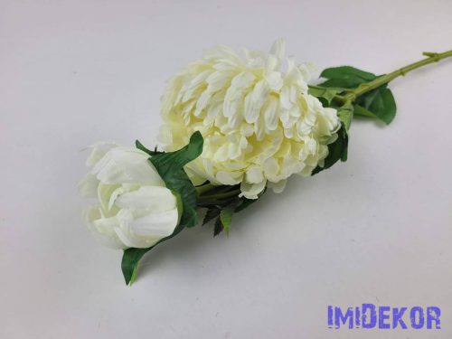 Krizantém selyemvirág ág 1fej+1bimbó 67cm - Krém