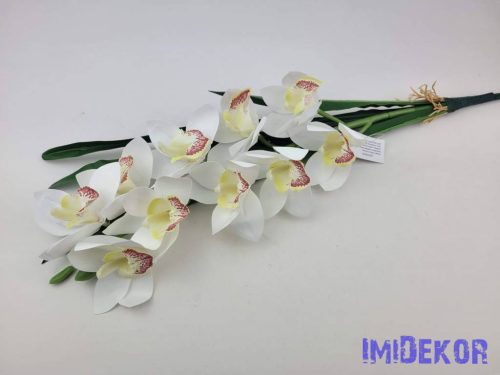 Gumis mű cymbidium orchidea levéllel 54cm - Fehér