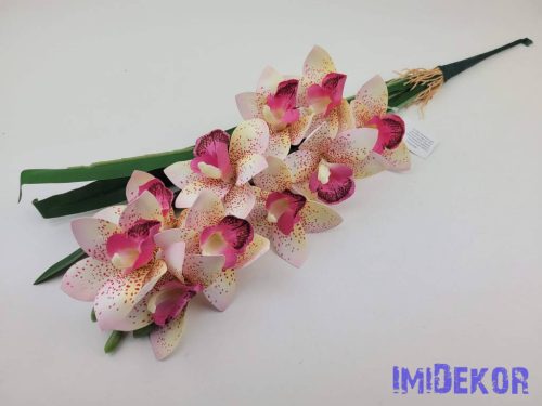 Gumis mű cymbidium orchidea levéllel 54cm - Rózsaszín Foltos