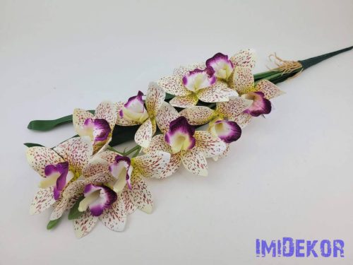 Gumis mű cymbidium orchidea levéllel 54cm - Krém Foltos