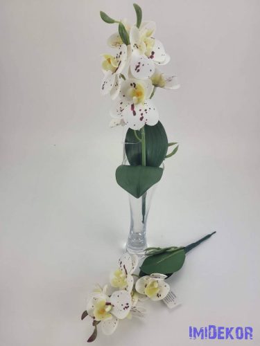 Orchidea gumis levéllel 32cm - Fehér pöttyös
