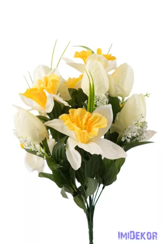 Tulipán-Nárcisz tavaszi selyemvirág csokor 40cm - Fehér