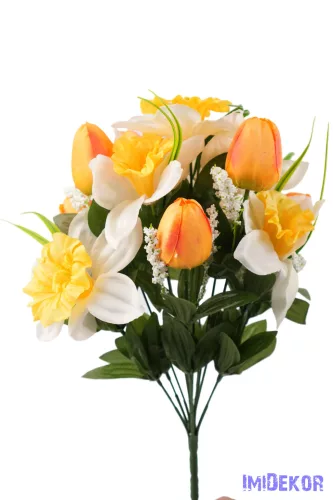 Tulipán-Nárcisz tavaszi selyemvirág csokor 40cm - Napsárga