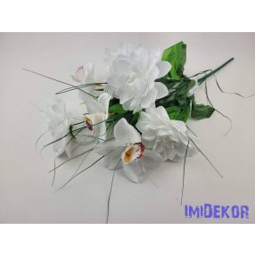   Dália-Orchidea 7 ágú selyem csokor fűszálakkal 49cm - Fehér