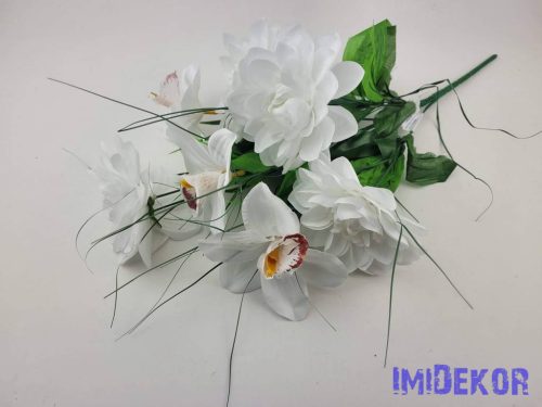Dália-Orchidea 7 ágú selyem csokor fűszálakkal 49cm - Fehér