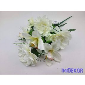   Dália-Orchidea 7 ágú selyem csokor fűszálakkal 49cm - Krém