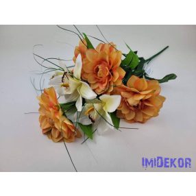   Dália-Orchidea 7 ágú selyem csokor fűszálakkal 49cm - Narancsos