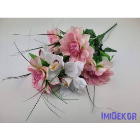   Dália-Orchidea 7 ágú selyem csokor fűszálakkal 49cm - Rózsaszín