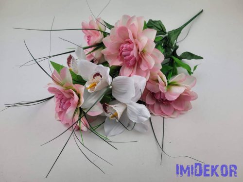 Dália-Orchidea 7 ágú selyem csokor fűszálakkal 49cm - Rózsaszín