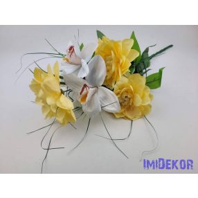   Dália-Orchidea 7 ágú selyem csokor fűszálakkal 49cm - Vaj