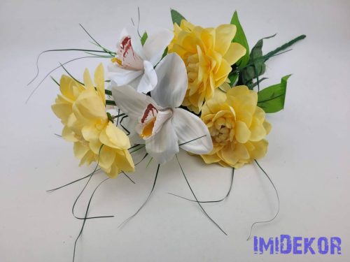 Dália-Orchidea 7 ágú selyem csokor fűszálakkal 49cm - Vaj